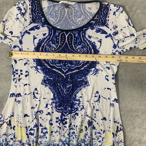 Peter Nygard Tunic Top Jeweled Blue White Damask 3/4 Sleeve Size PS - Picture 7 of 9